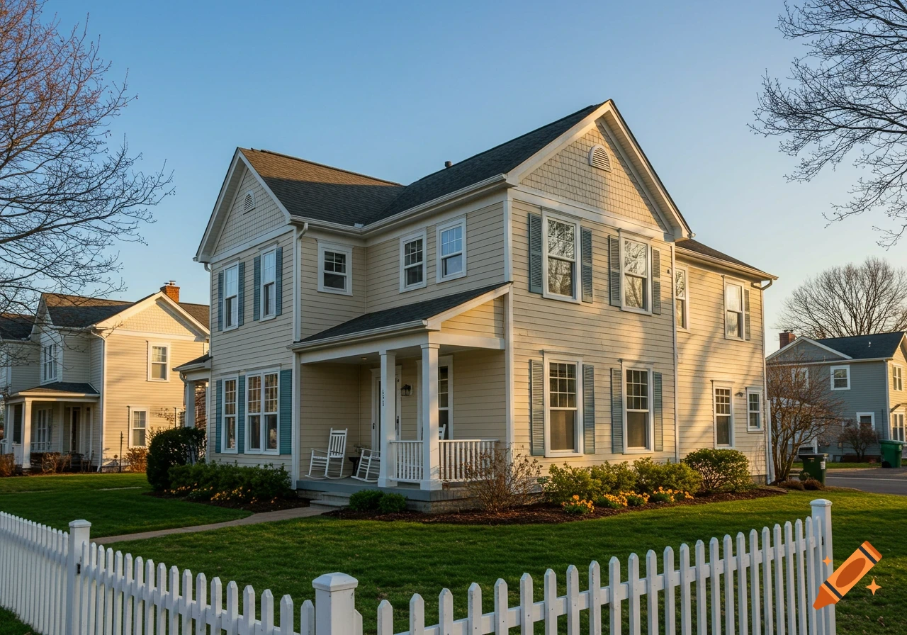 A beige two-story house with blue shutters, a white fence, and green lawn under a blue sky.