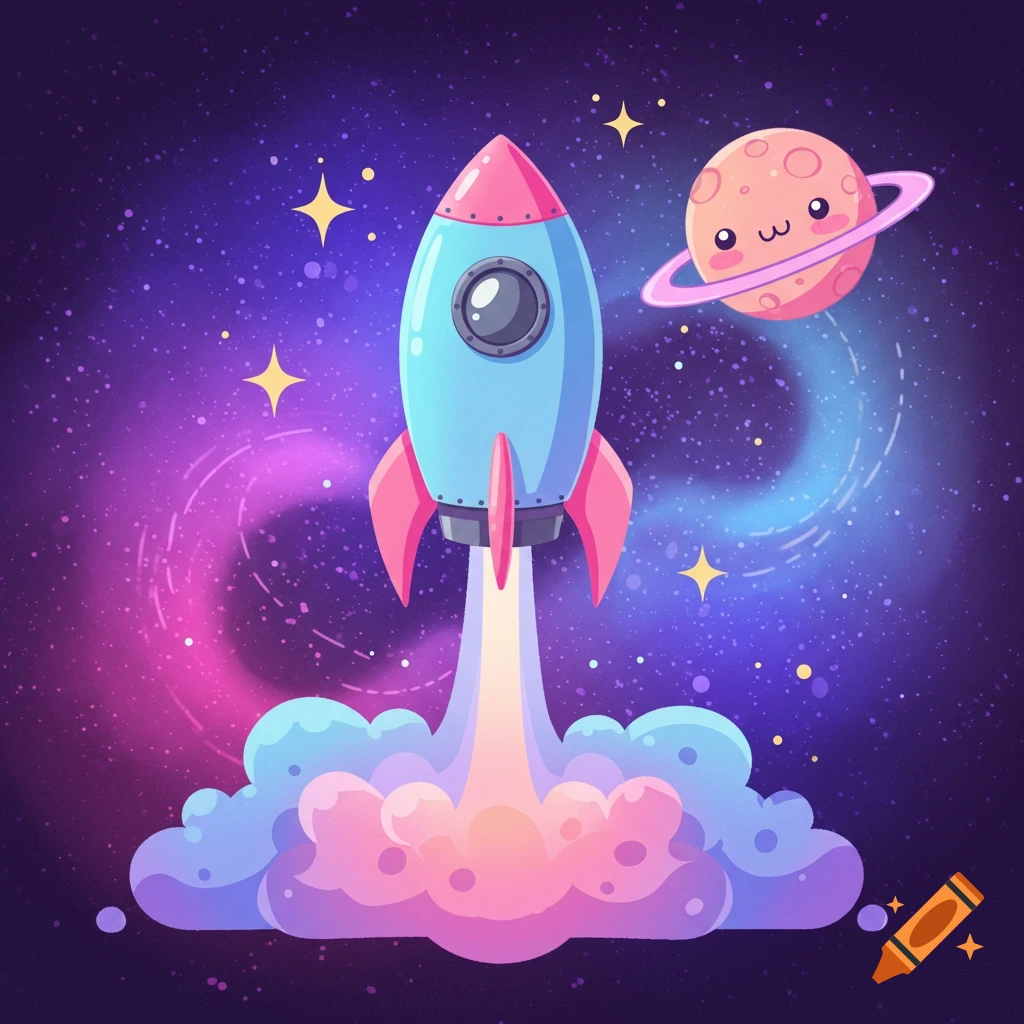 A cute blue and pink rocket launching near a smiling planet in space.