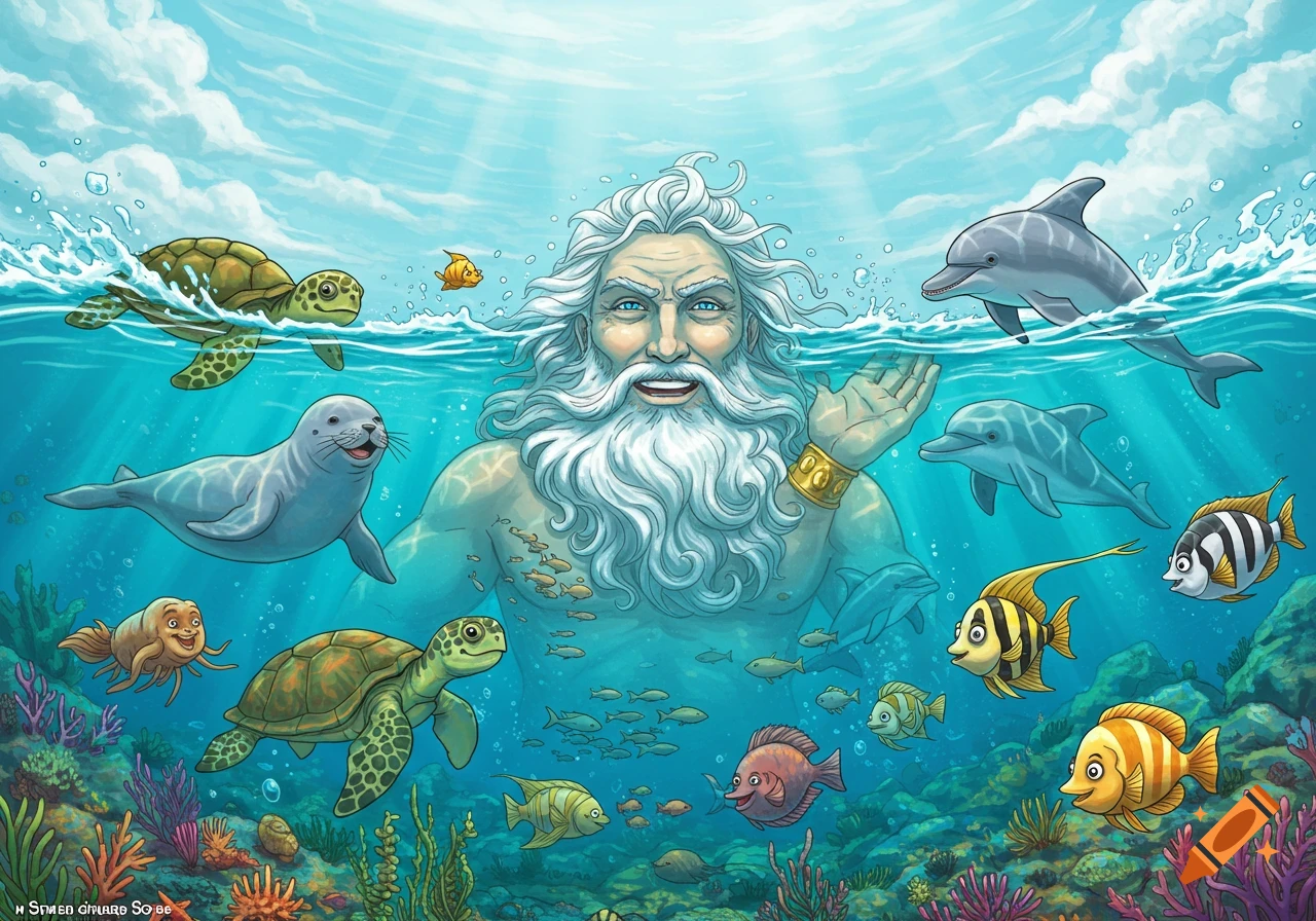 Illustration of Poseidon underwater surrounded by sea animals including dolphins, turtles, a seal, and various fish.