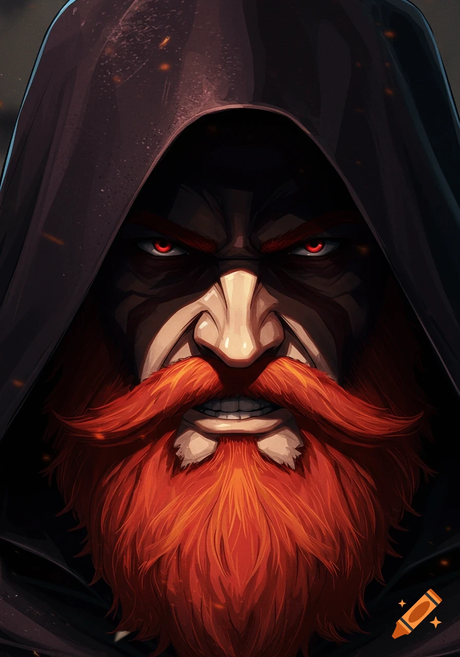 Stylized close-up of a person in a hood with a red beard and red eyes.