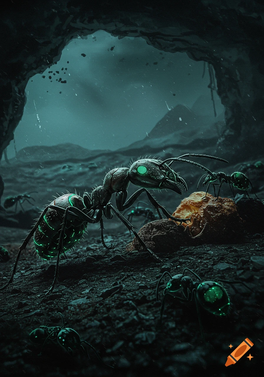 Dark, glowing sci-fi ants in a stormy cave landscape.