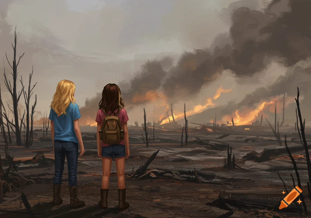 Two girls looking at a burnt landscape with fires and smoke.