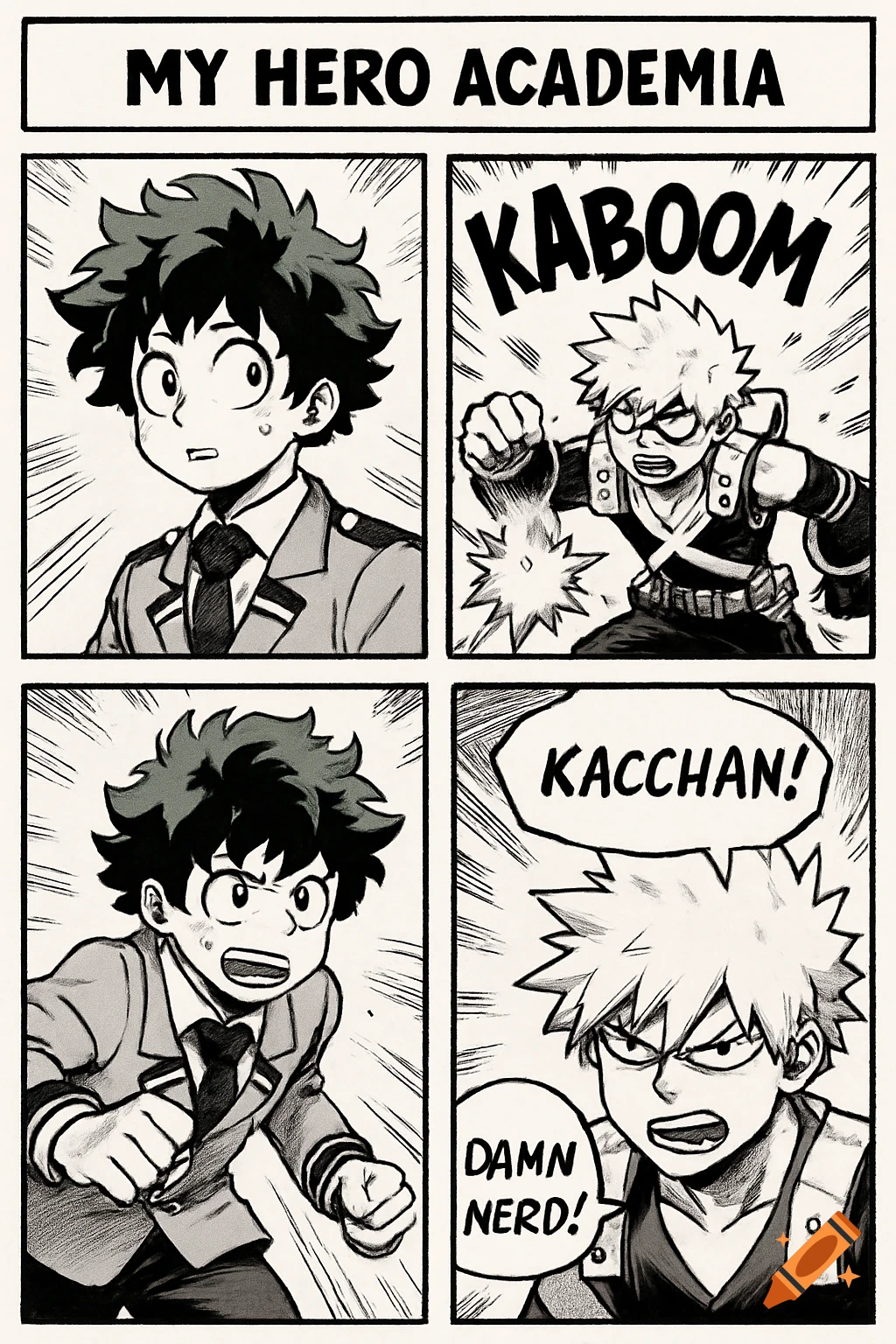 Black and white comic strip of My Hero Academia characters Deku and Bakugo with dialogue and sound effects.