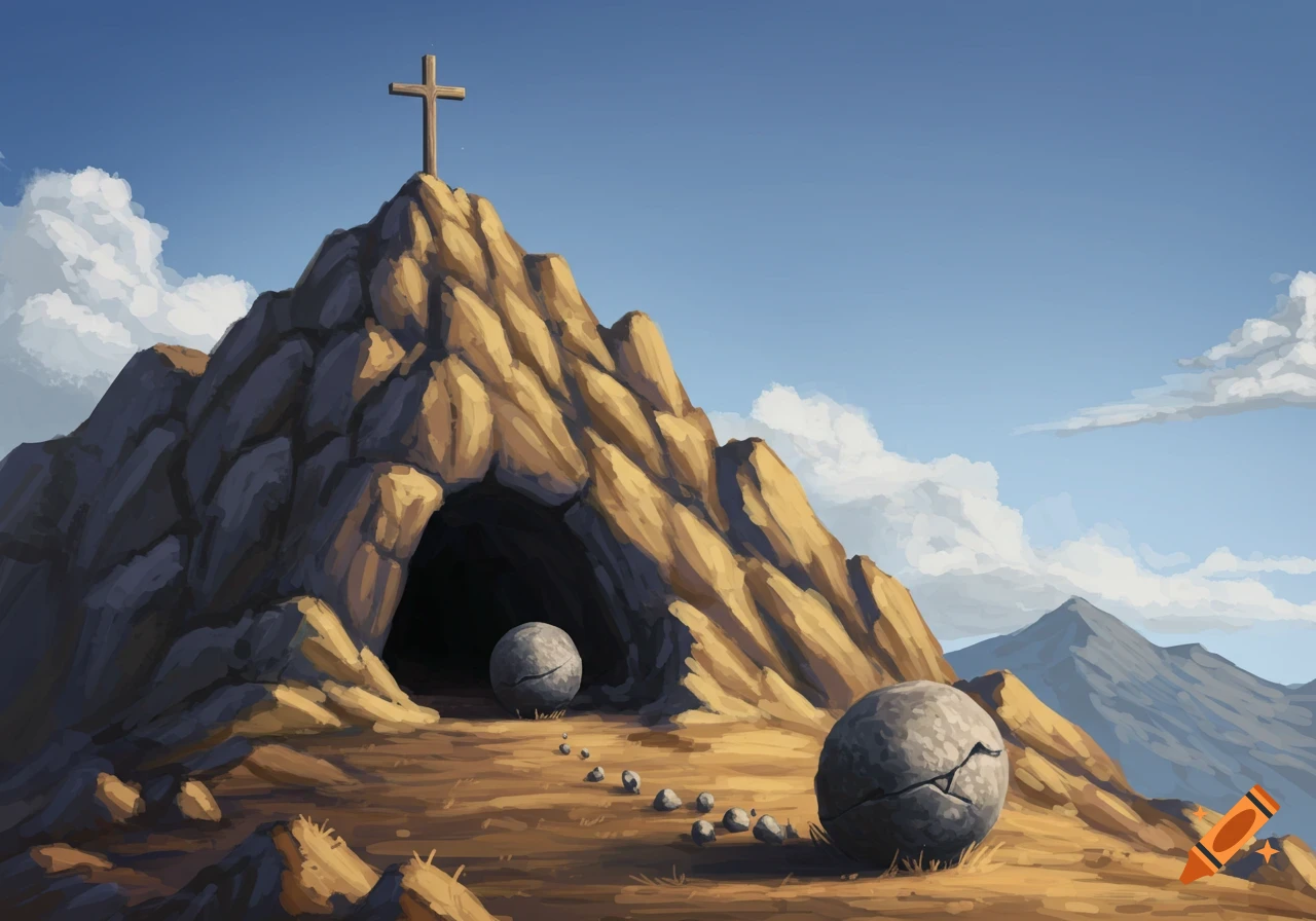 A mountain with a cross, a cave entrance, and a large stone rolled away.