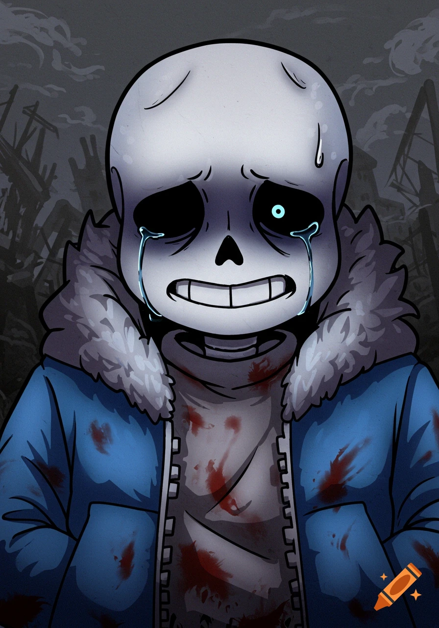 A drawing of the skeleton character Sans from Undertale, wearing a bloody shirt and blue jacket, crying with one glowing blue eye, against a dark, ruined background.