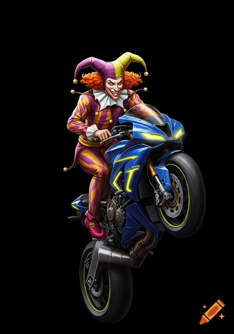 A jester is doing a wheelie on a blue sport bike against a black background.