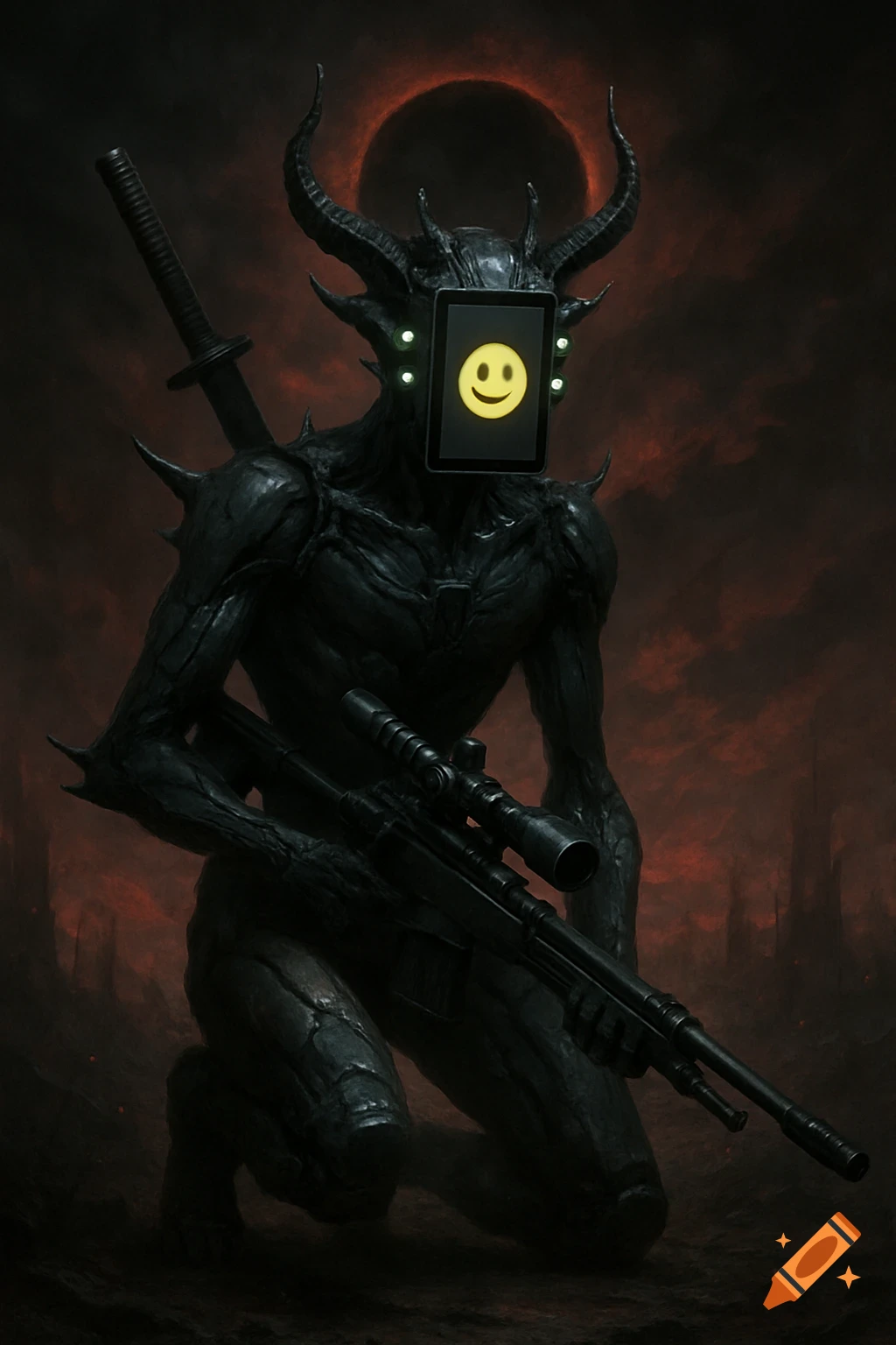 Dark fantasy demonic figure with horns, glowing eyes, tablet face showing smiley, holding sniper rifle in hellish landscape.