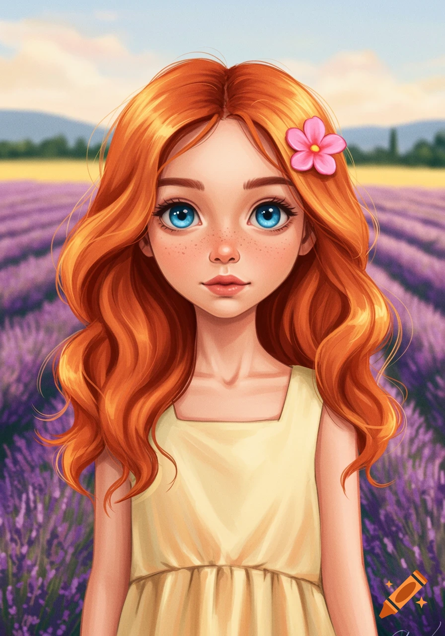 A girl with red hair and blue eyes stands in a lavender field.