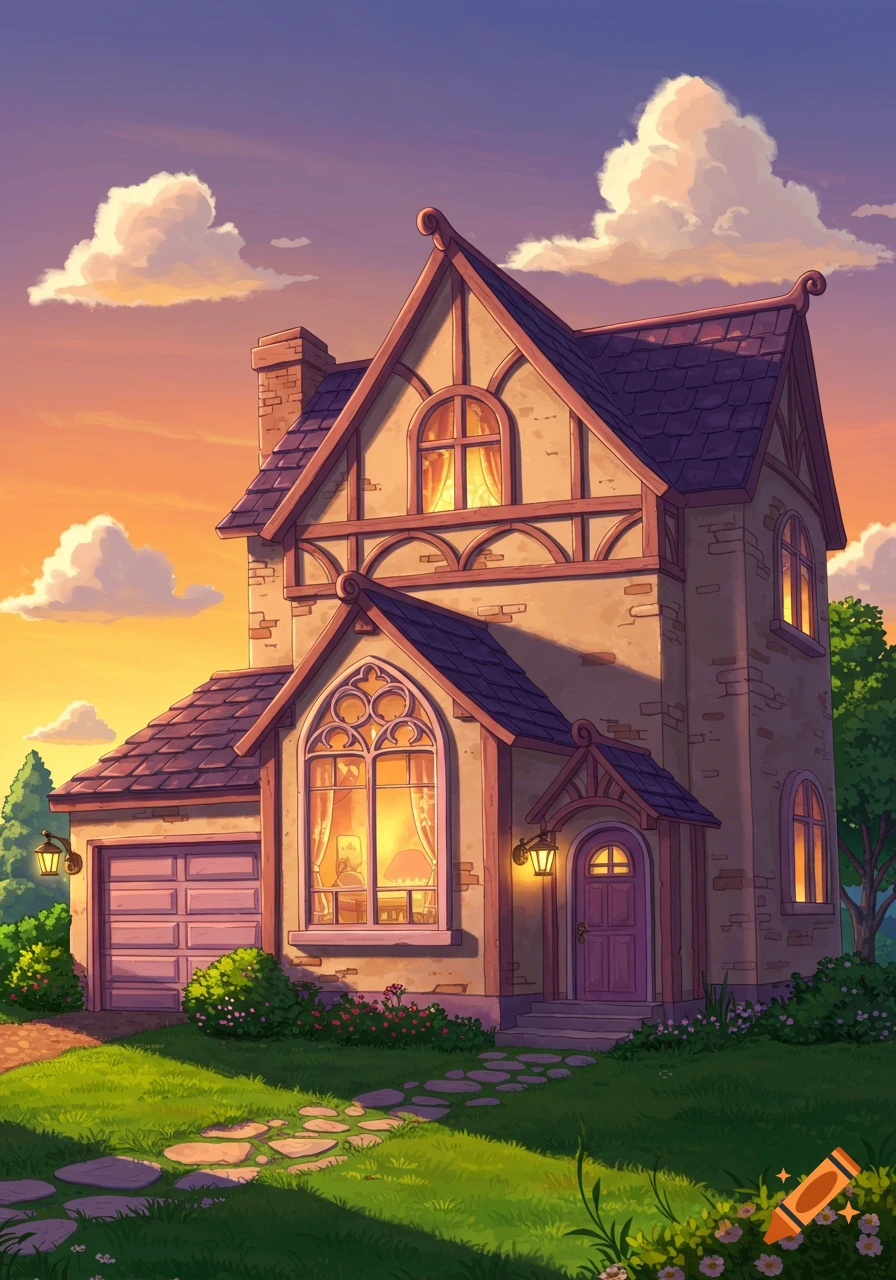 A whimsical fantasy house with large windows and a garage at sunset.