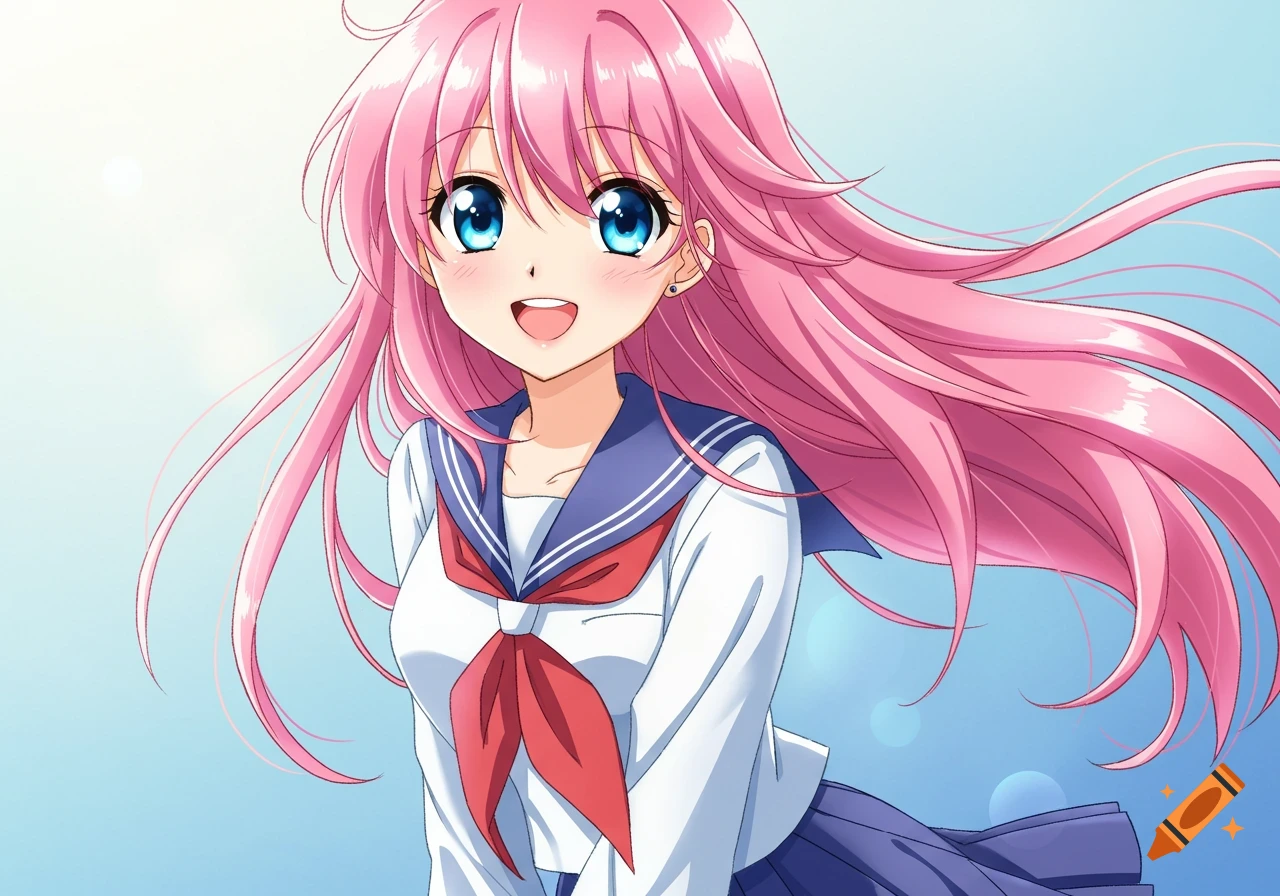Anime girl with pink hair and blue eyes in a school uniform, smiling.