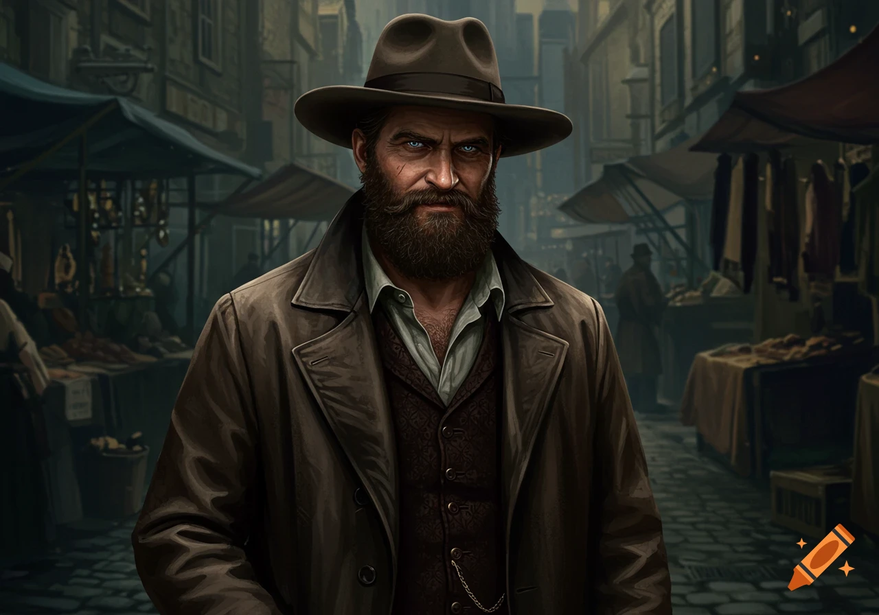 A bearded man in a hat and coat in a market street
