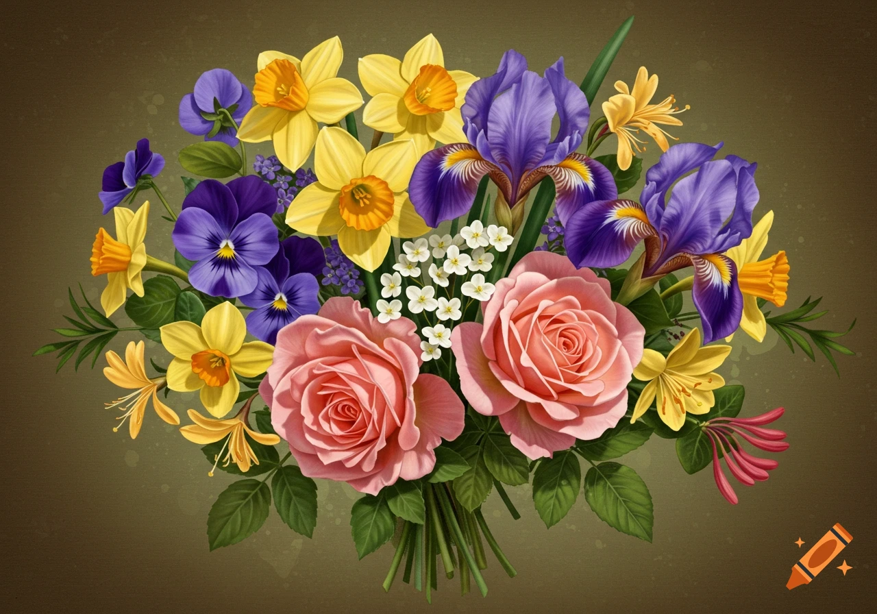 A detailed image of a colorful bouquet of roses, irises, daffodils, violets, and other flowers.