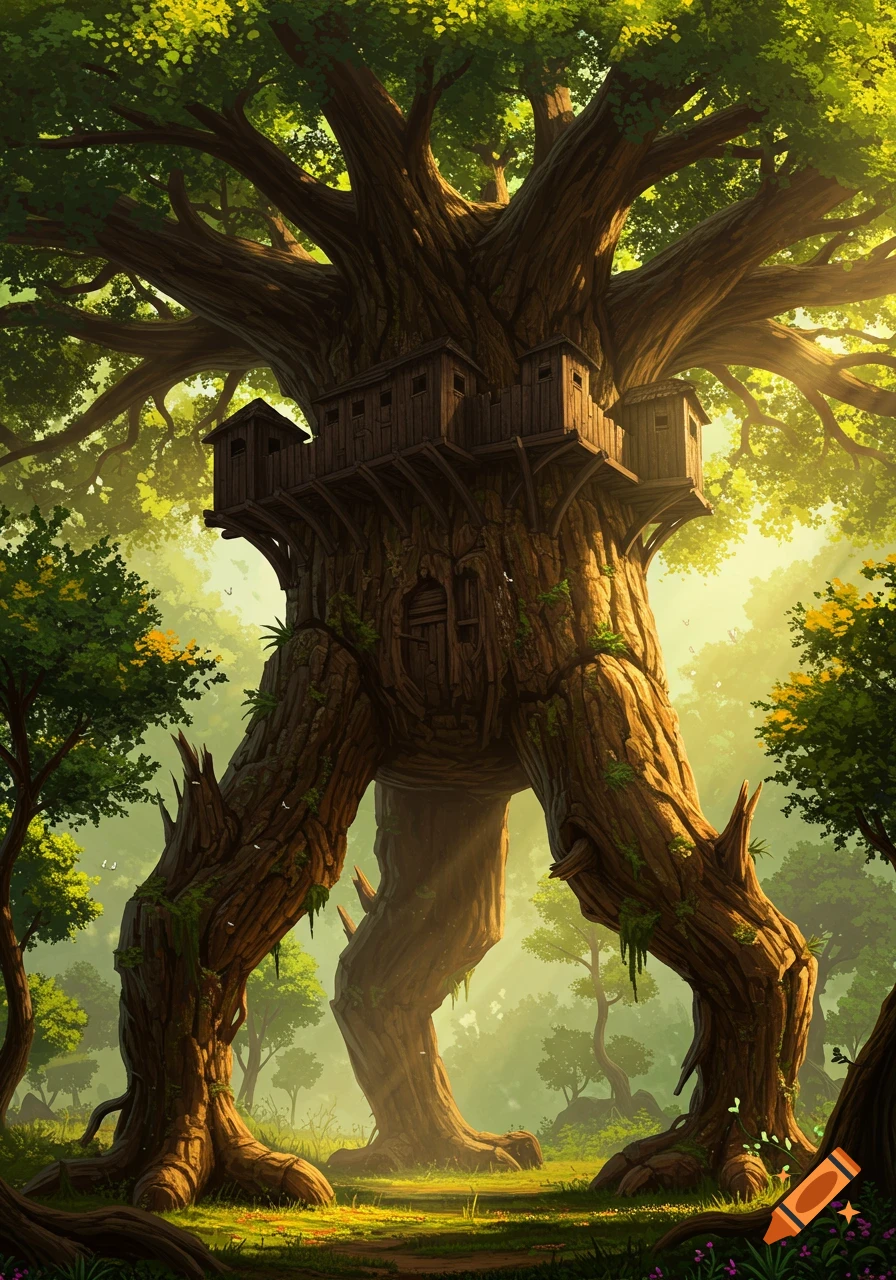 A large walking tree with a fort built in its branches stands in a sunlit forest.