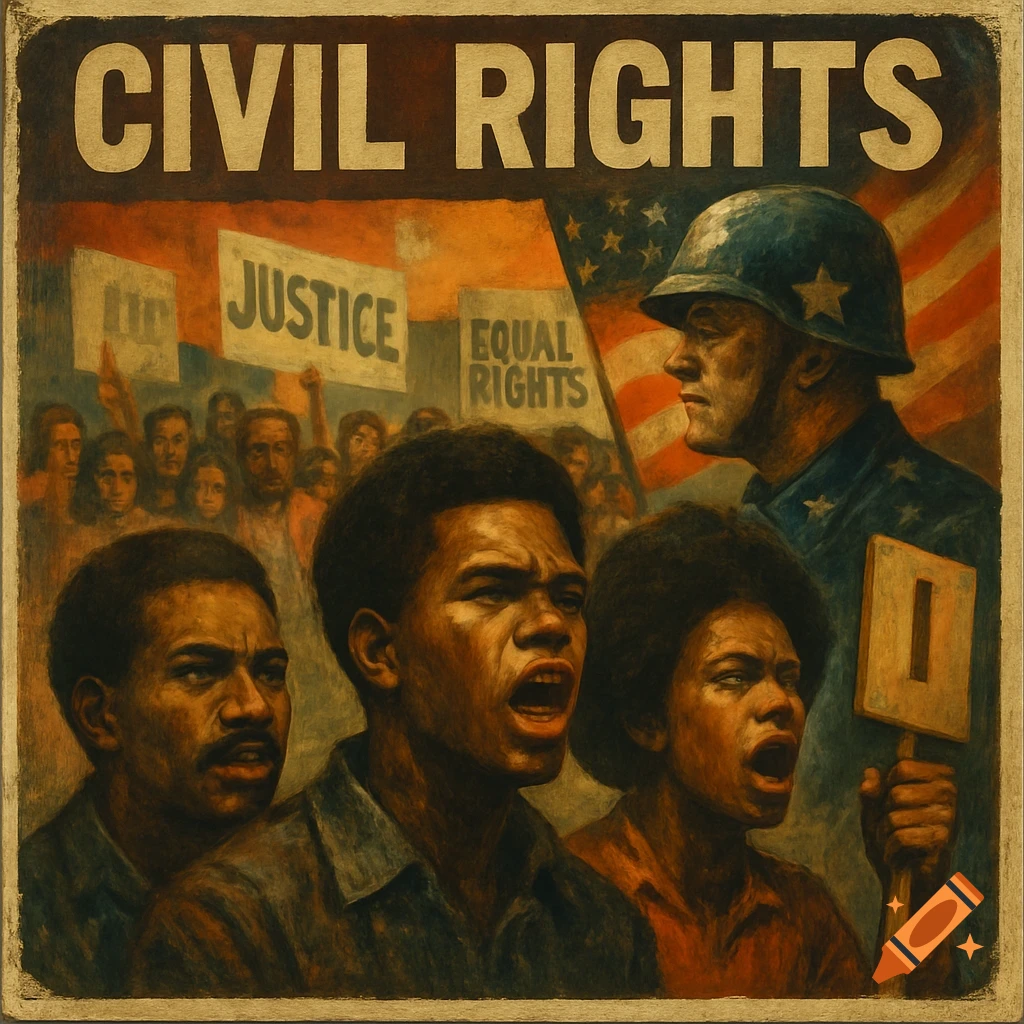 A civil rights protest with demonstrators holding signs, a soldier, and text 'CIVIL RIGHTS'.