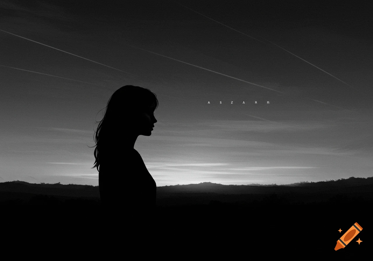 Black and white depiction of a woman's silhouette looking at a sunset over hills.