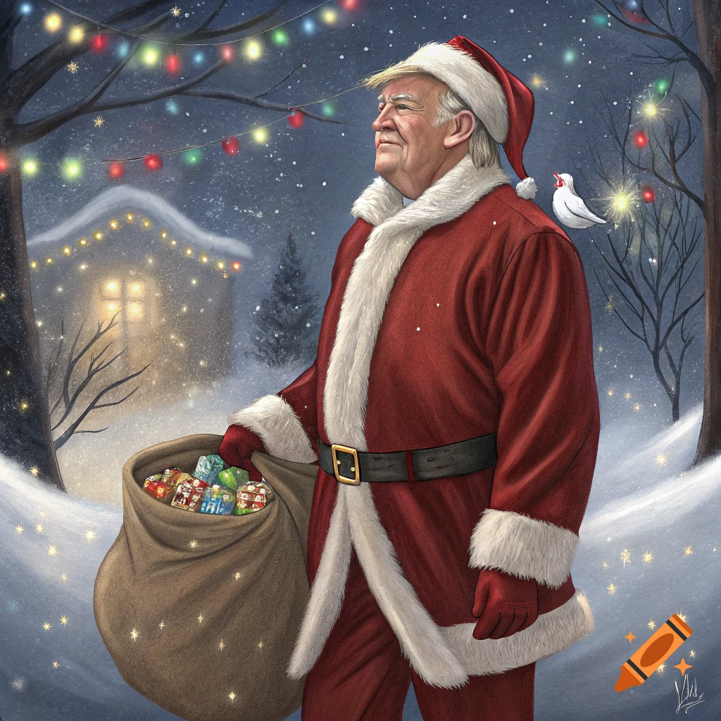 Illustration of Donald Trump dressed as Santa Claus holding a sack of presents in a snowy Christmas scene.