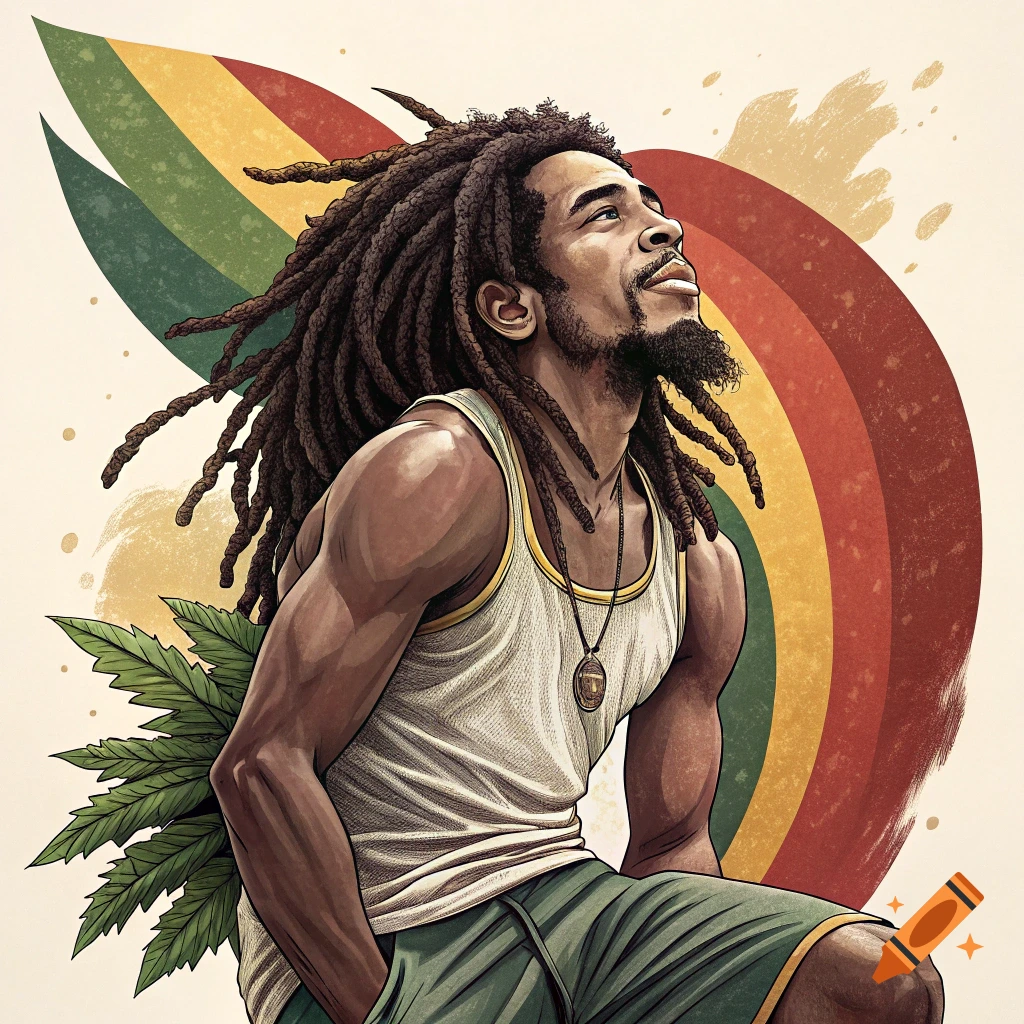Illustration of a muscular man with dreadlocks looking up, with reggae colors and a cannabis leaf in the background.