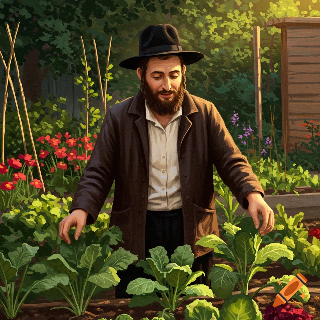 A man in a hat and coat tending to plants in a sunny garden.