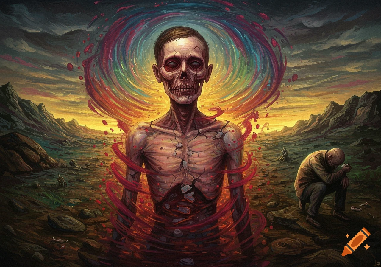 Surrealistic painting of a skeletal figure in a desolate landscape with swirling energy.