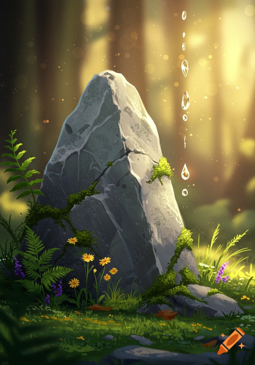 A large grey stone sits in a forest, with water droplets falling around it.