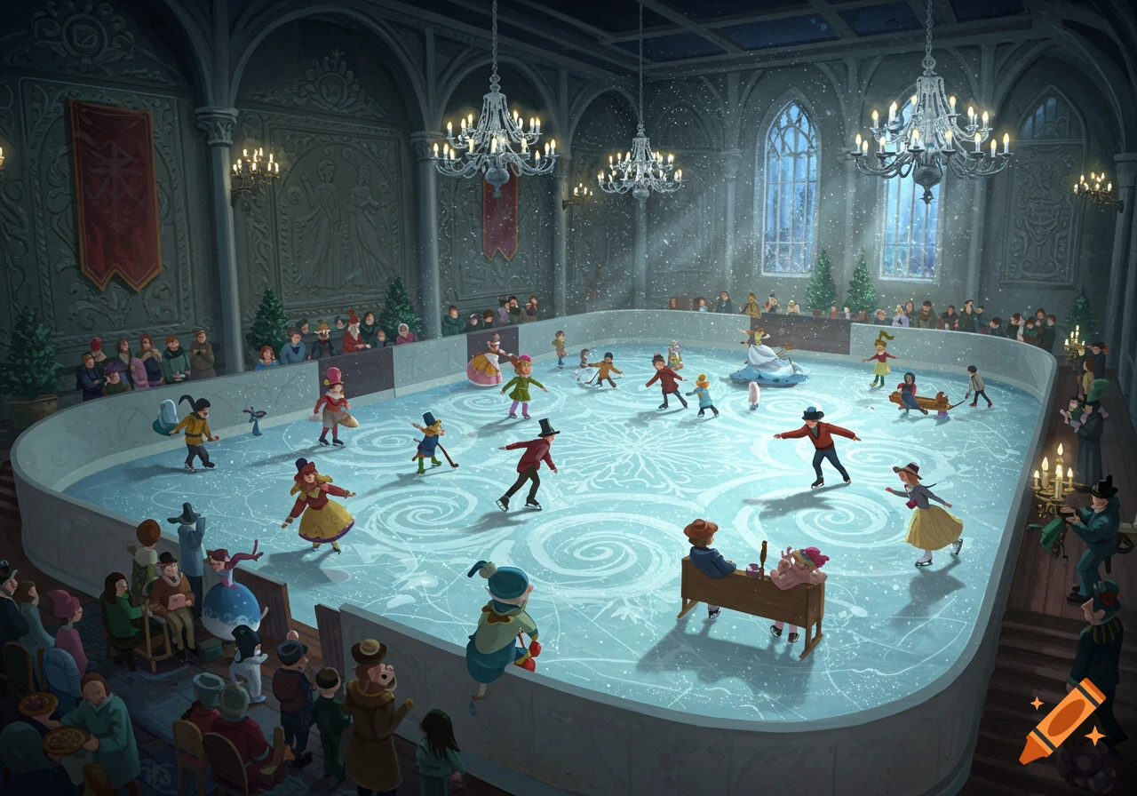 A whimsical scene depicts an ice skating rink inside a castle hall filled with people.
