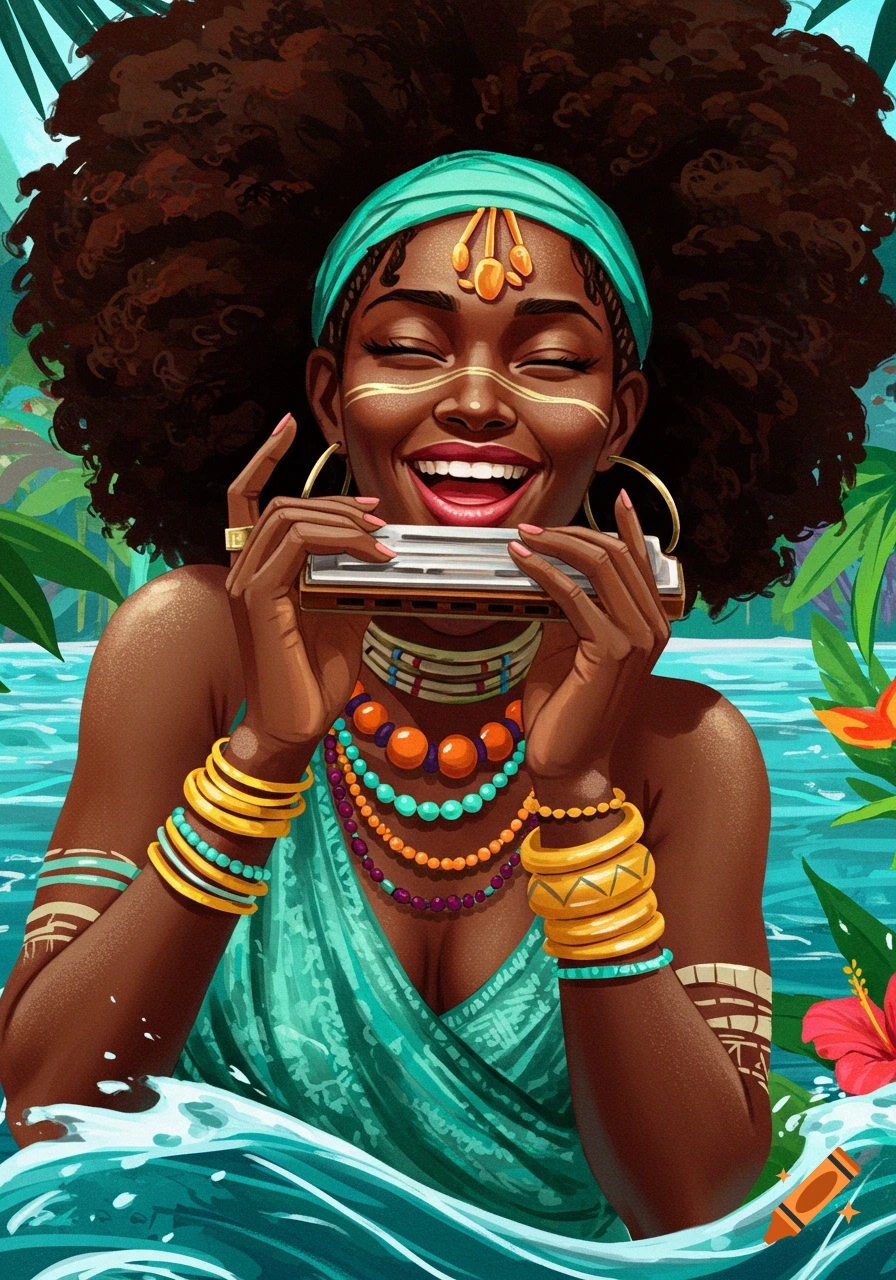 A water spirit playing a harmonica in a tropical river.