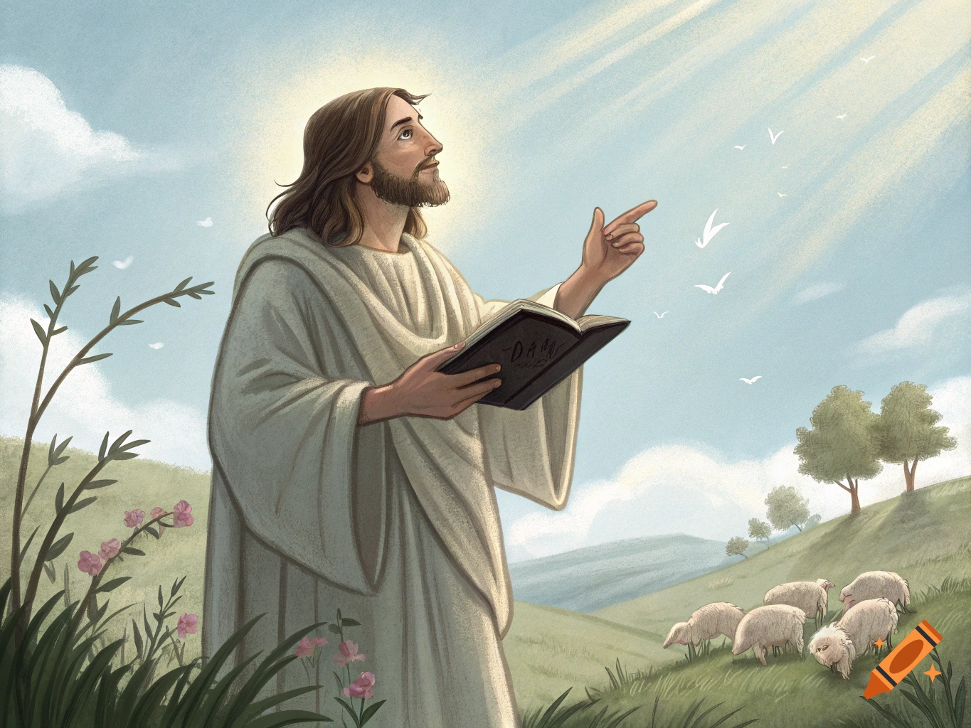An illustration of Jesus in a field holding a book, pointing up at birds flying above a flock of sheep.