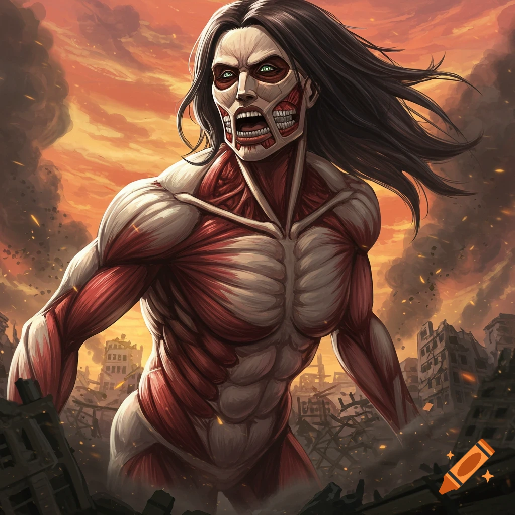 A muscled Female Titan stands in a destroyed city under an orange sky.