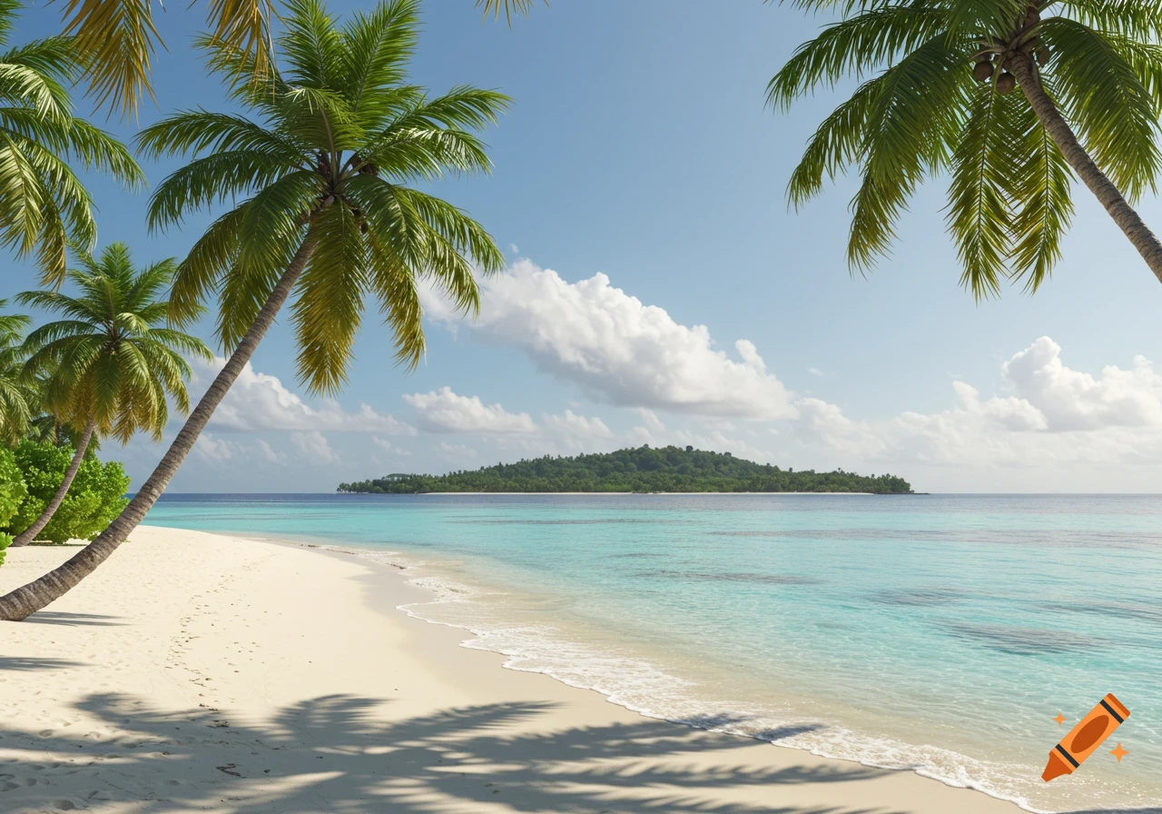 Photorealistic image of a tropical beach with palm trees and an island in the distance
