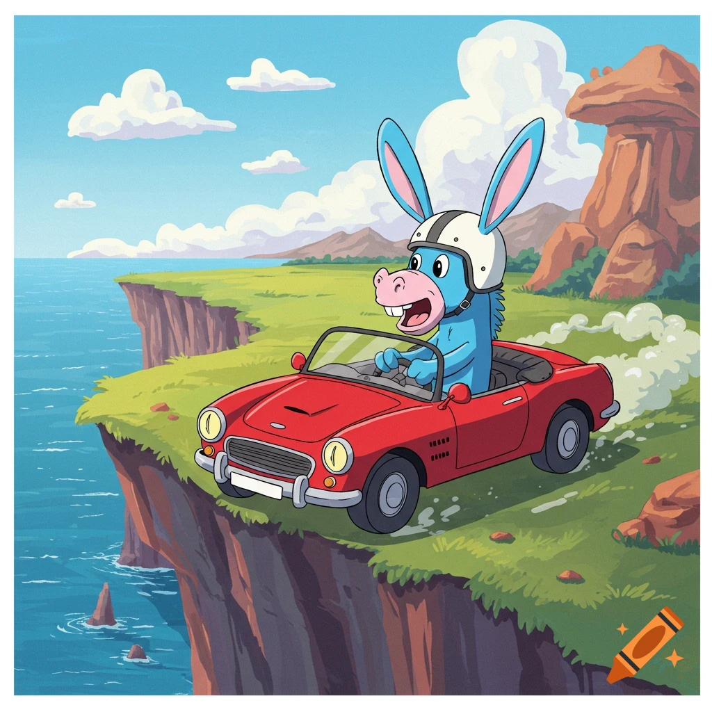 A cartoon blue donkey in a helmet drives a red convertible along a grassy cliff overlooking the ocean.
