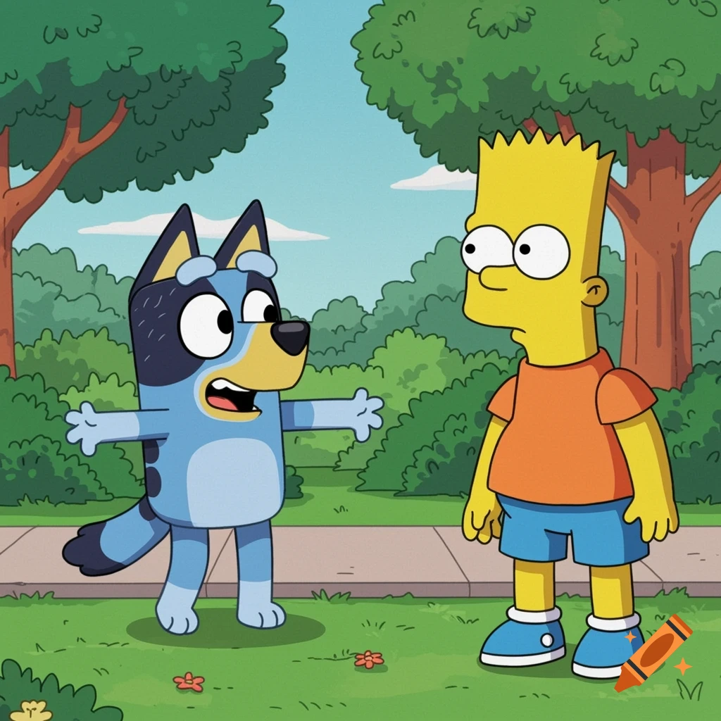 Cartoon illustration of Bluey and Bart Simpson standing in a park.