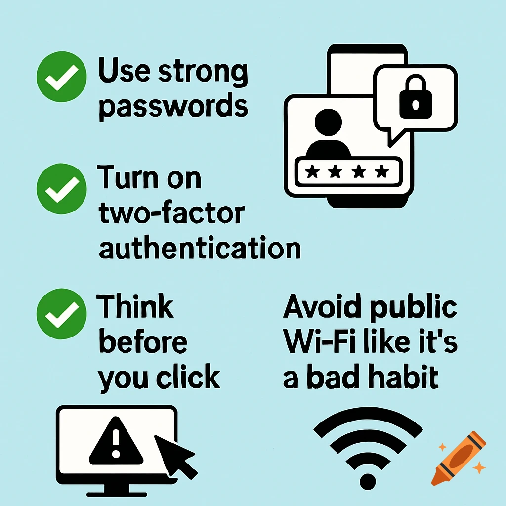 Infographic with checklist icons and text tips for online safety: Use strong passwords, turn on two-factor authentication, think before you click, and avoid public Wi-Fi.