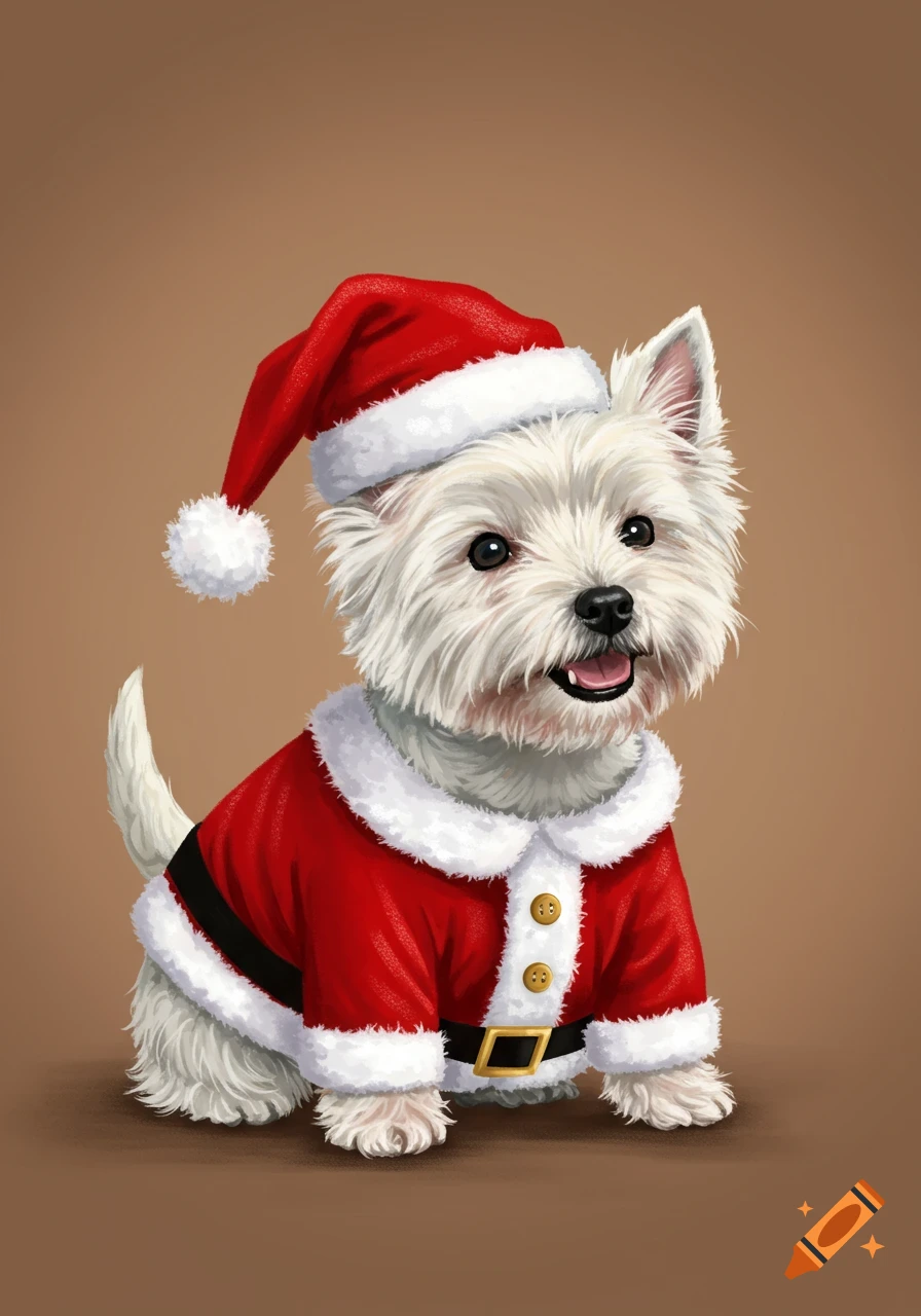 A Westie dog dressed in a Santa Claus costume.