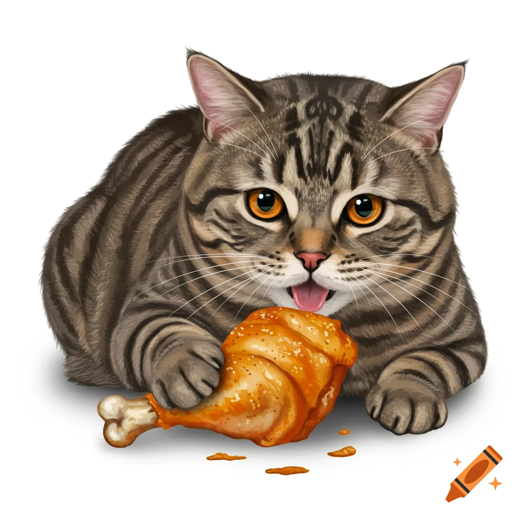 A brown tabby cat holds and licks a chicken drumstick.