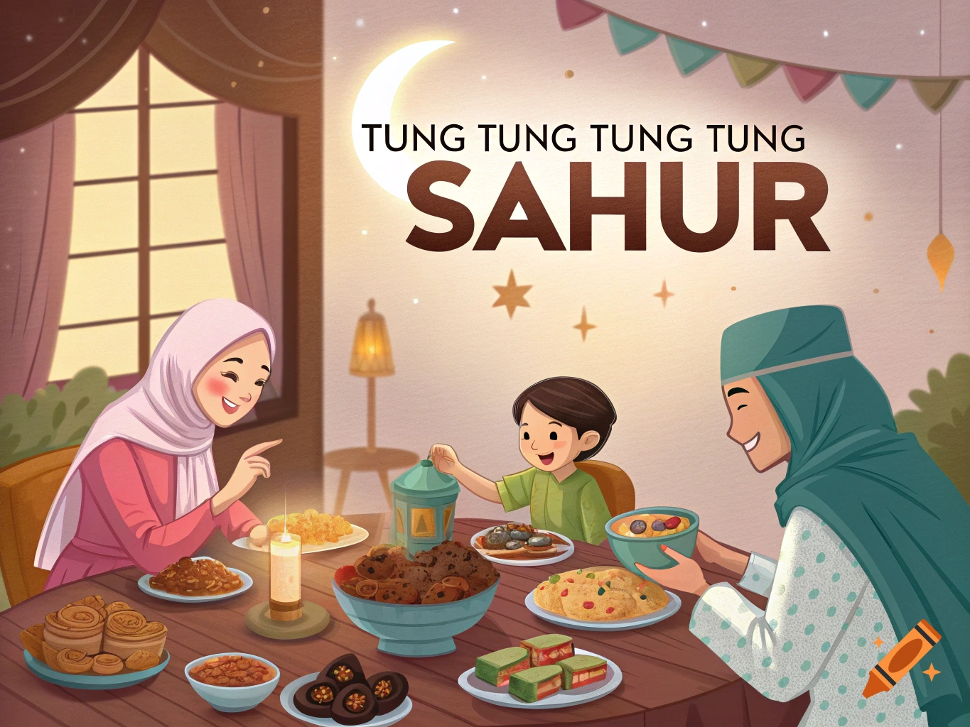 An illustration of a Muslim family eating Sahur under a crescent moon with garlands and text 'TUNG TUNG TUNG TUNG SAHUR'.