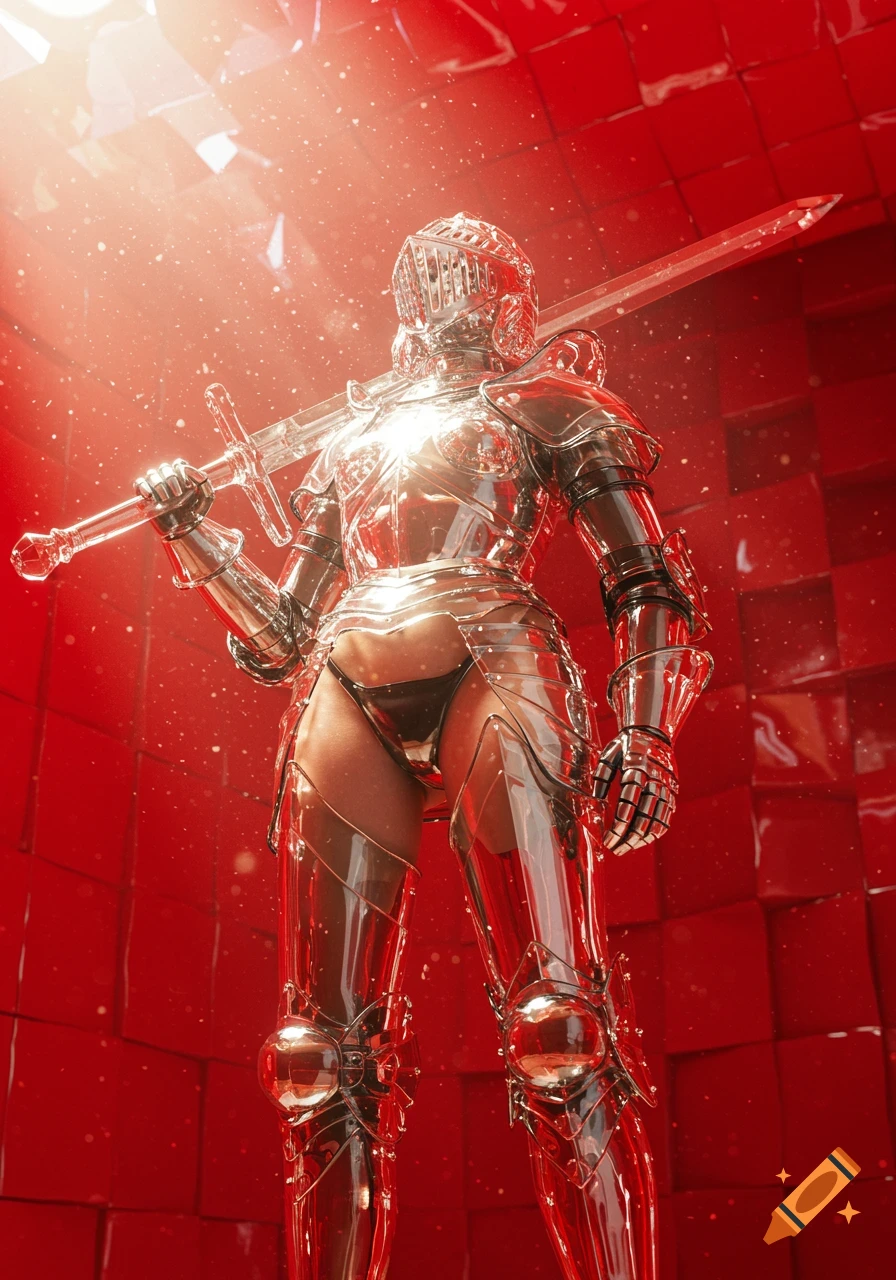A woman knight in reflective transparent armor holds a glass sword in a red room.