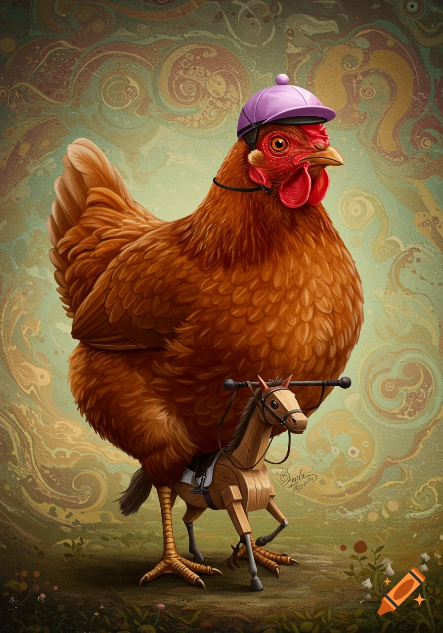 A chicken wearing a purple jockey helmet and riding a small wooden horse.