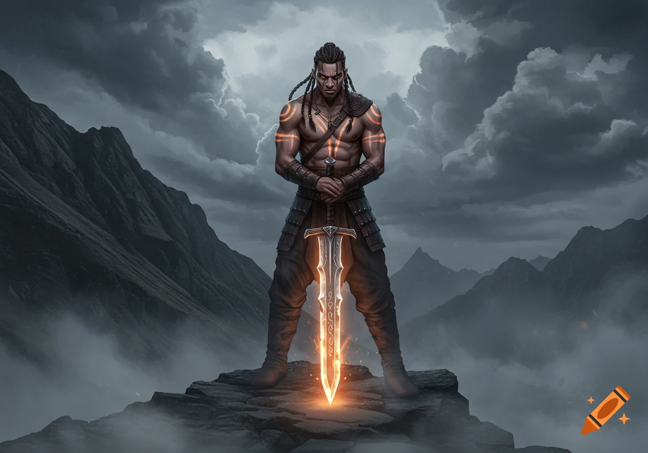 A lone warrior stands on a misty mountain cliff, holding a glowing sword.