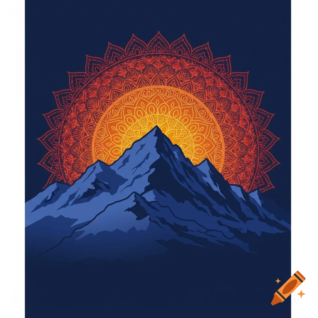 Stylized illustration of dark blue mountains against a large red and orange mandala resembling a sun.