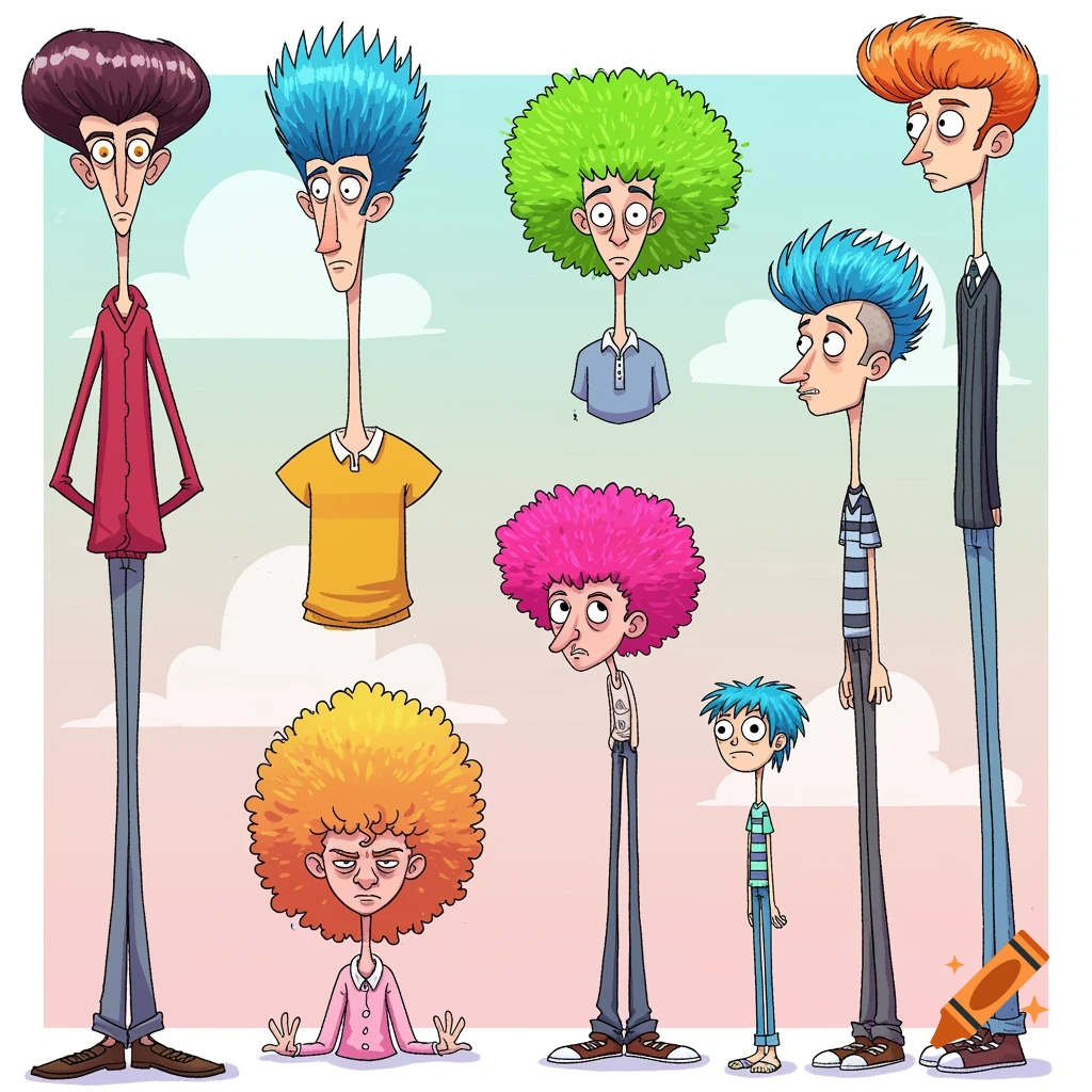 Illustration of tall cartoon characters with exaggerated, colorful hairstyles.