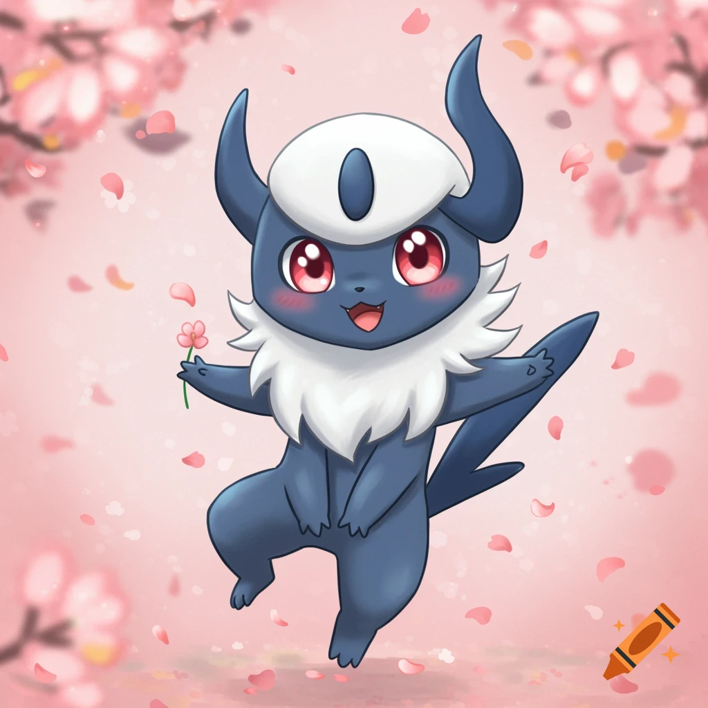Cute chibi Absol holds a flower and dances among falling cherry blossom petals in an anime style.