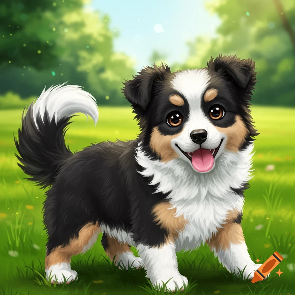 A cute tri-color Border Collie puppy stands in a grassy field.
