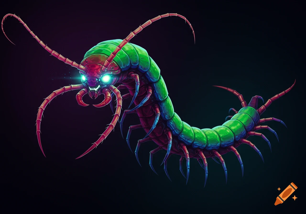 A stylized green and red centipede creature with glowing blue eyes.