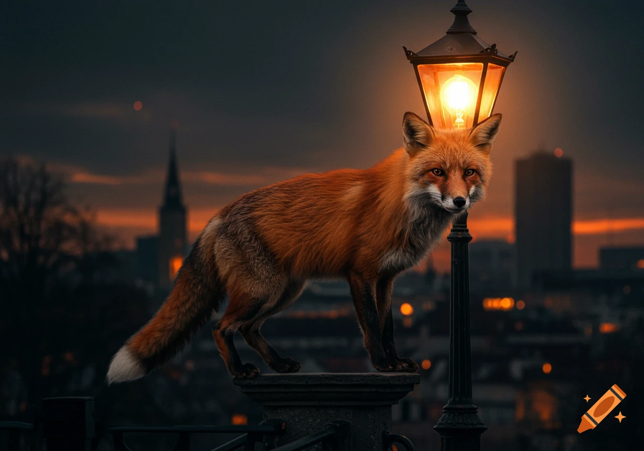 A fox perched next to a lit streetlight with a city skyline in the background at dusk.