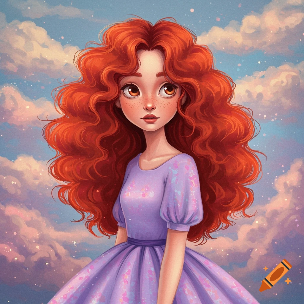 A young girl with red curly hair in a purple dress against a dreamy sky.
