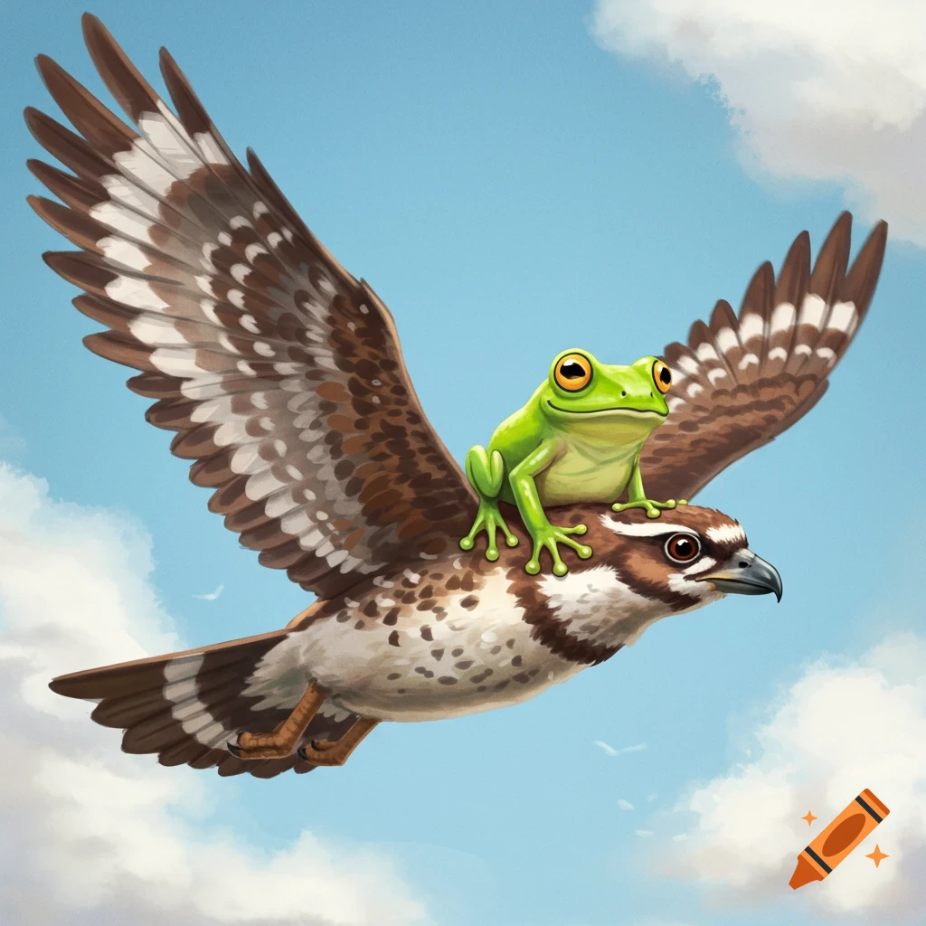 A lime green frog rides a bird through a cloudy blue sky.