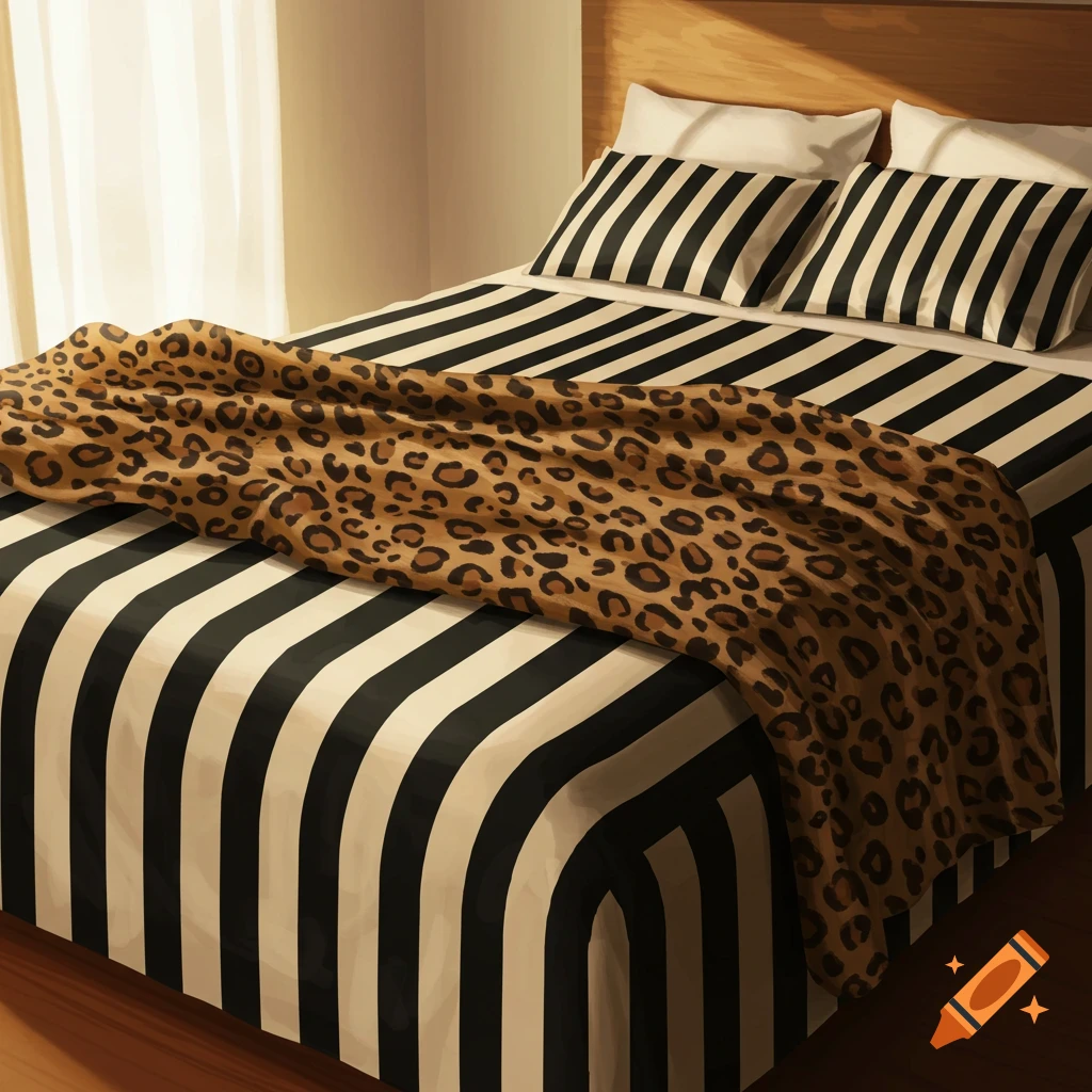 A bed with black and cream striped sheets and a cheetah print comforter.