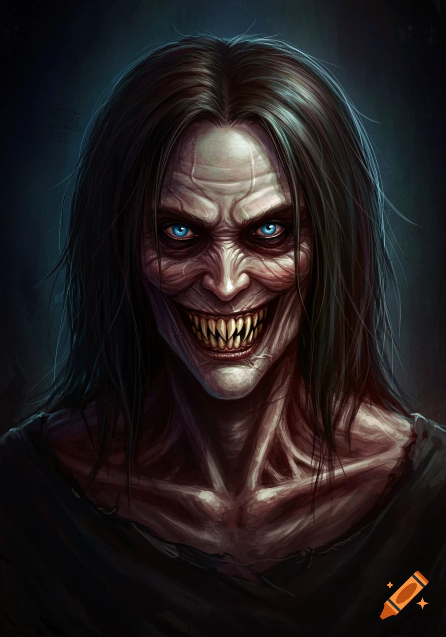 A close-up portrait of a scary creature with long dark hair, blue eyes, and sharp teeth grinning.