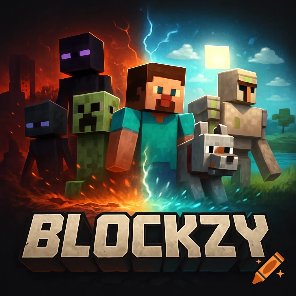 A Minecraft-style logo shows Steve, a dog, and Iron Golem on a bright side opposing Endermen and a Creeper on a dark side, separated by an energy rift. Text reads "BLOCKZY".
