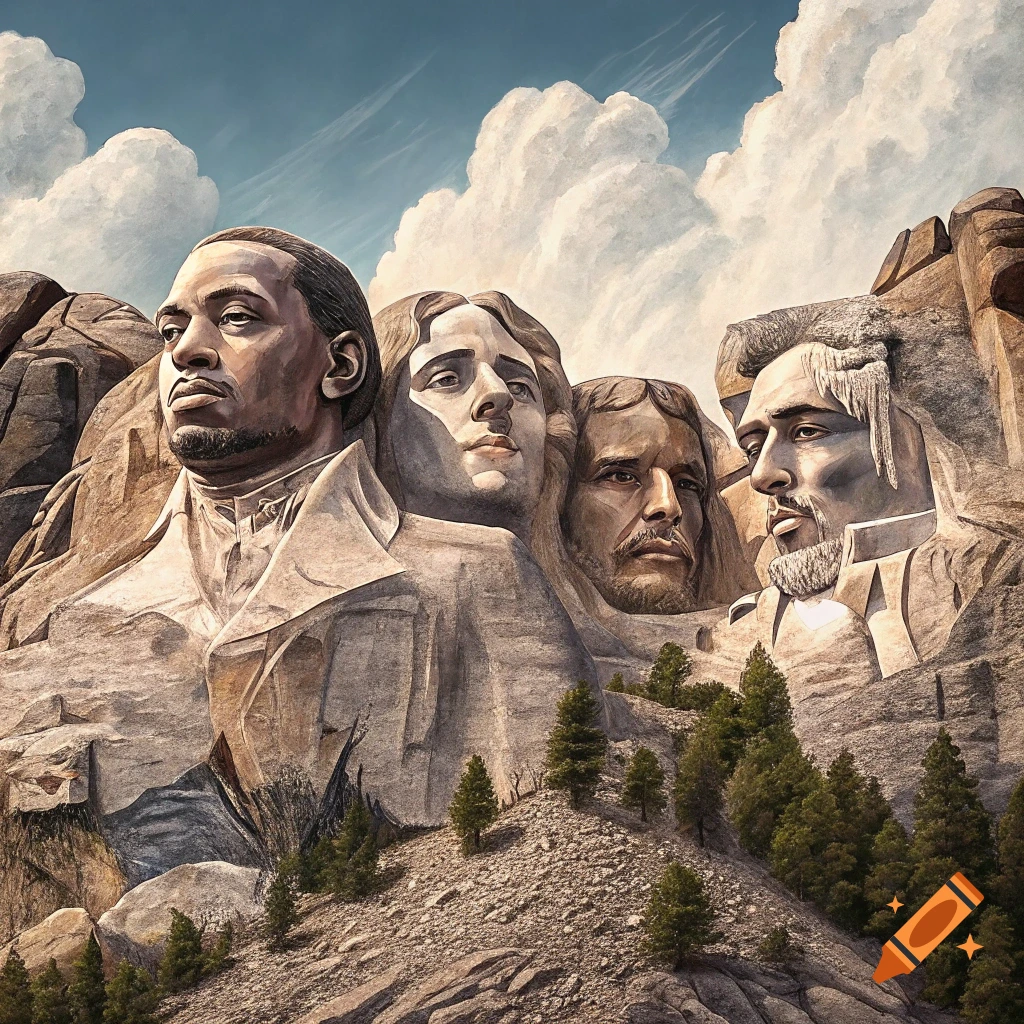Mountain carving resembling Mount Rushmore with four faces, including musicians.